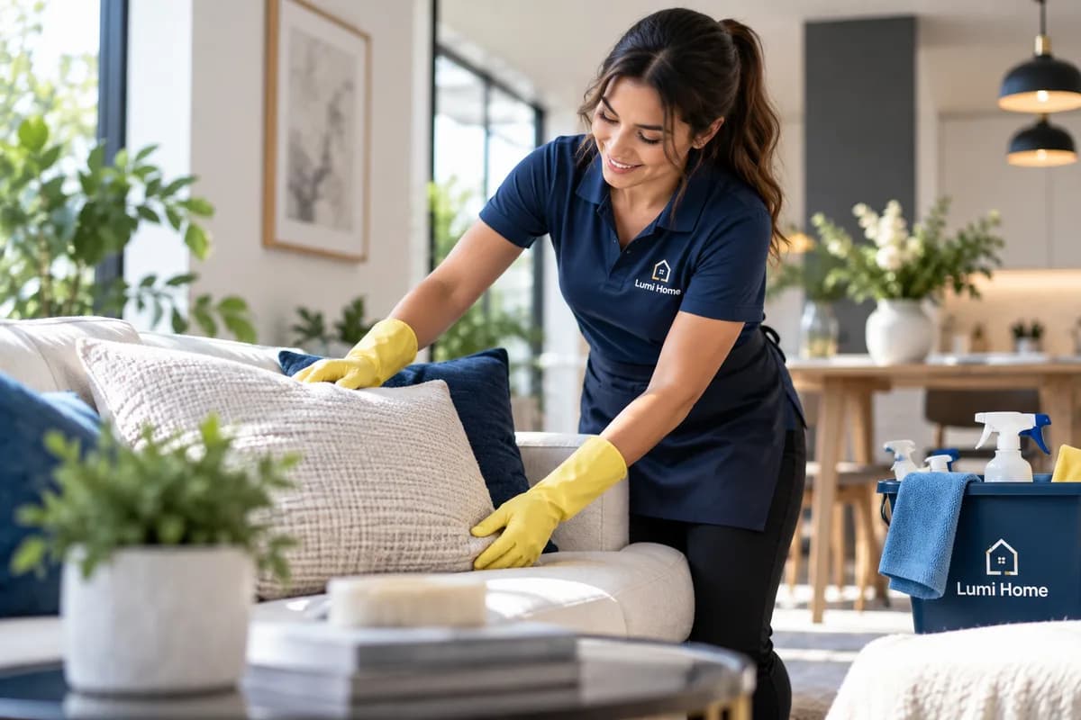 Lumi Home cleaning professional tidying a living room